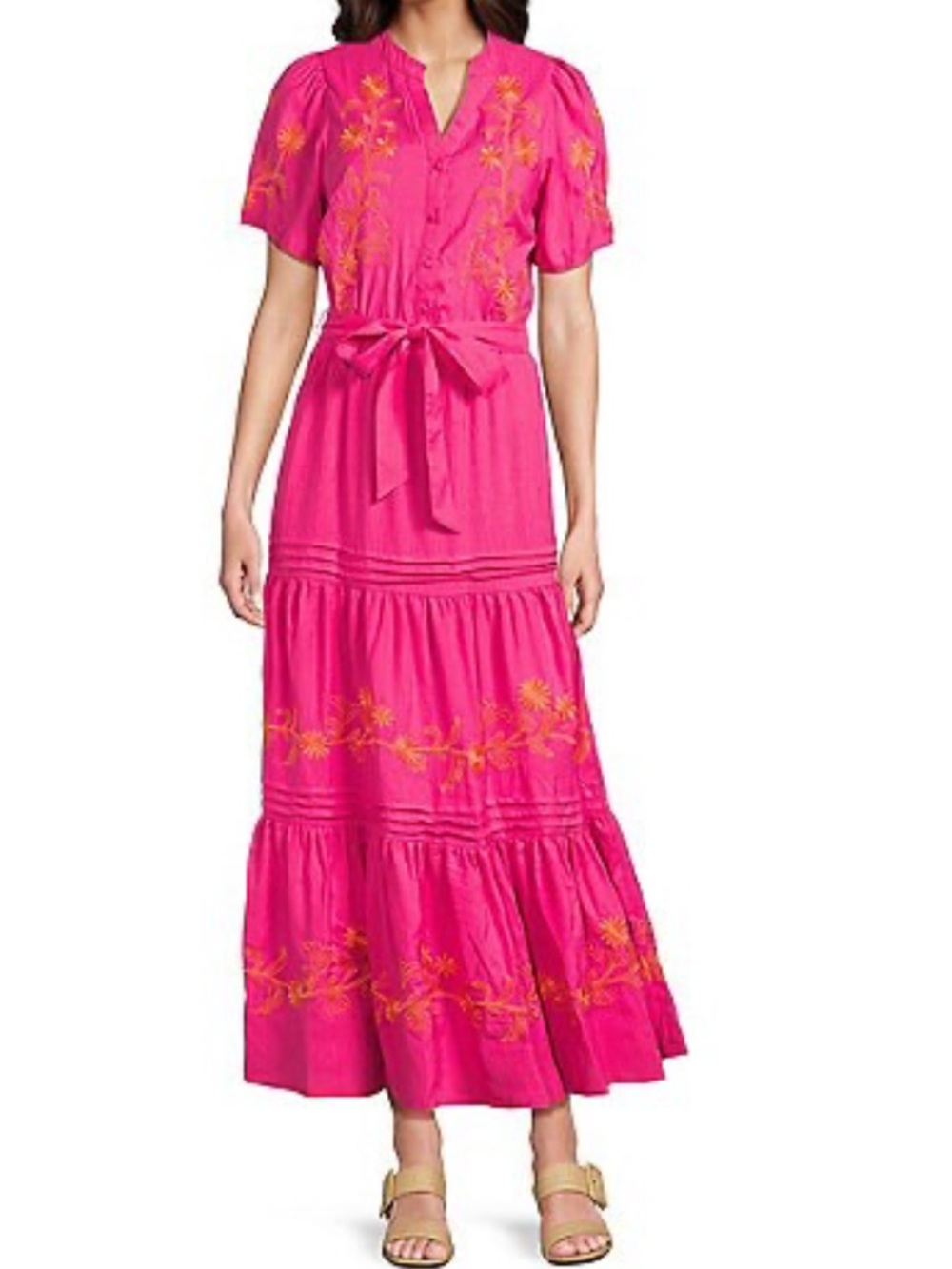 Calessa Hot Pink Maxi Dress with Orange Floral Embroidery Accents NWT Size 2X